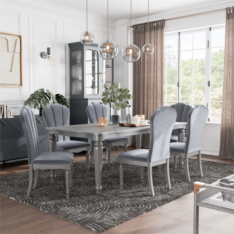 Bowery Hill 7-Piece Dining Table Set with Upholstered Chairs in Silver Finish