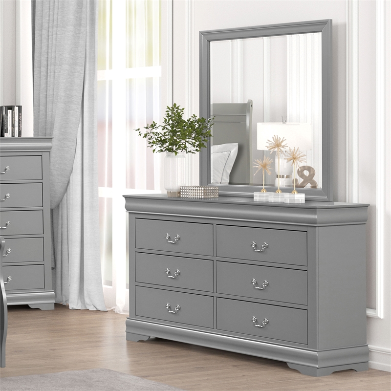 Bowery Hill Solid Wood 6-Drawer Dresser and Mirror Set in Gray Finish
