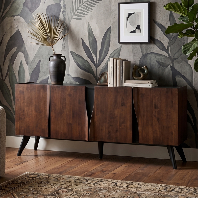 Bowery Hill Solid Wood Sculpted Server with Doors in Walnut Finish