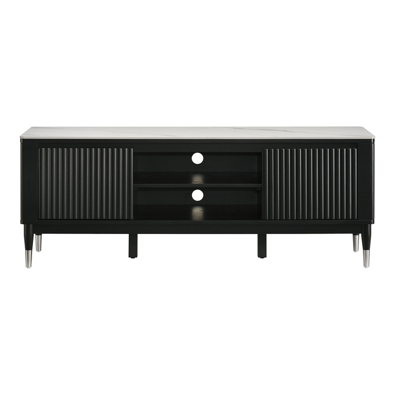 Bowery Hill Sintered Stone Top TV Stand in Black with Storage Cabinets