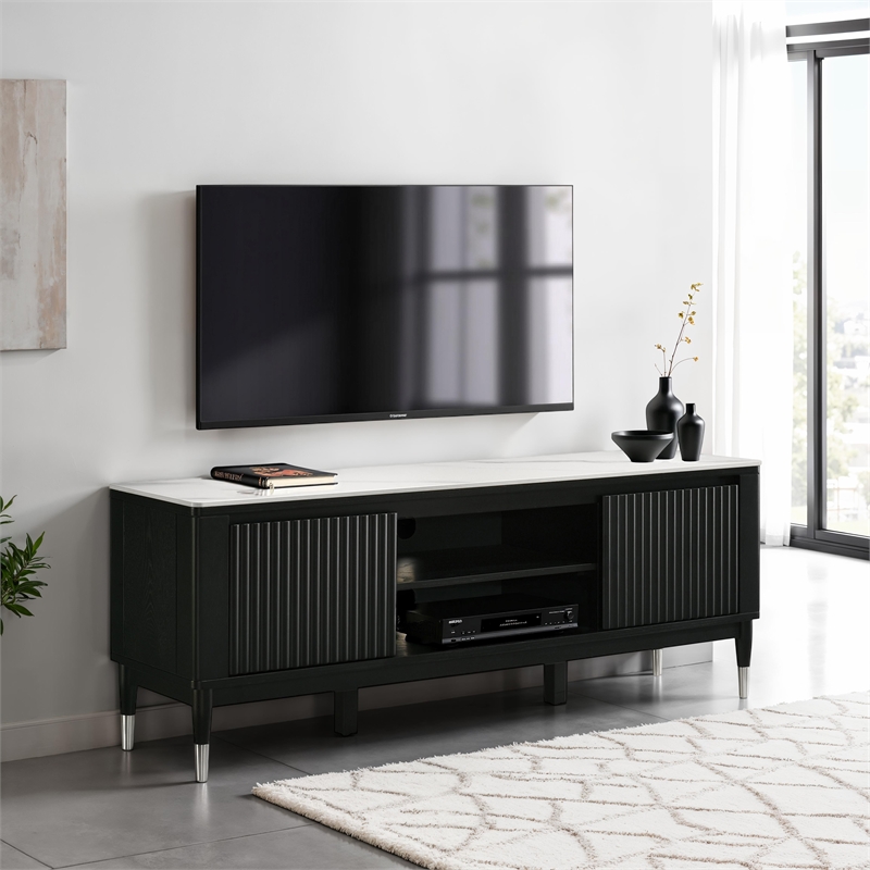 Bowery Hill Sintered Stone Top TV Stand in Black with Storage Cabinets
