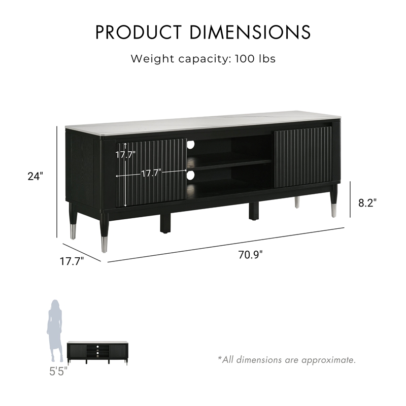 Bowery Hill Sintered Stone Top TV Stand in Black with Storage Cabinets