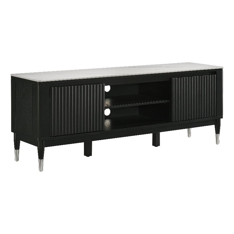 Bowery Hill Sintered Stone Top TV Stand in Black with Storage Cabinets