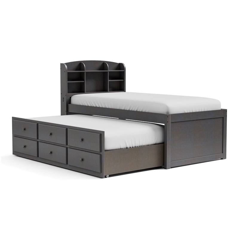 Bowery Hill Wood Twin Captain Bed with USB Ports in Stain Gray