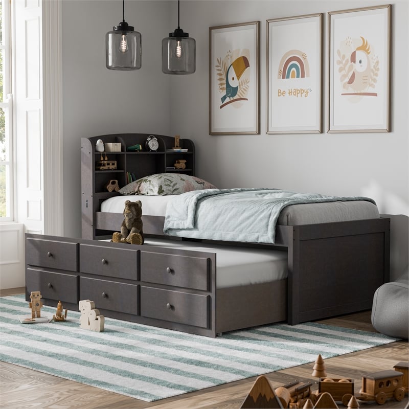 Bowery Hill Wood Twin Captain Bed with USB Ports in Stain Gray
