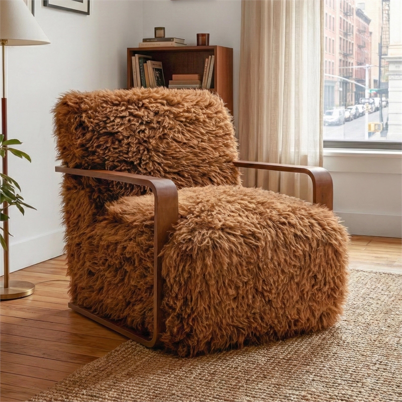Bowery Hill Faux Fur Long-Haired Accent Chair in Camel Brown Fabric