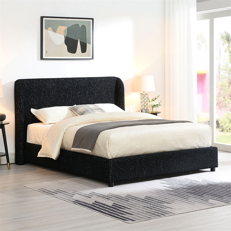 Bowery Hill Fabric Upholstered Queen Platform Bed Frame in Black Boucle