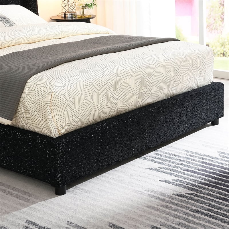 Bowery Hill Fabric Upholstered Queen Platform Bed Frame in Black Boucle