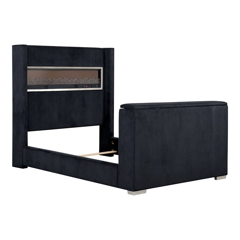 Bowery Hill Wood 3D Fireplace Bluetooth USB Queen Bed in Black