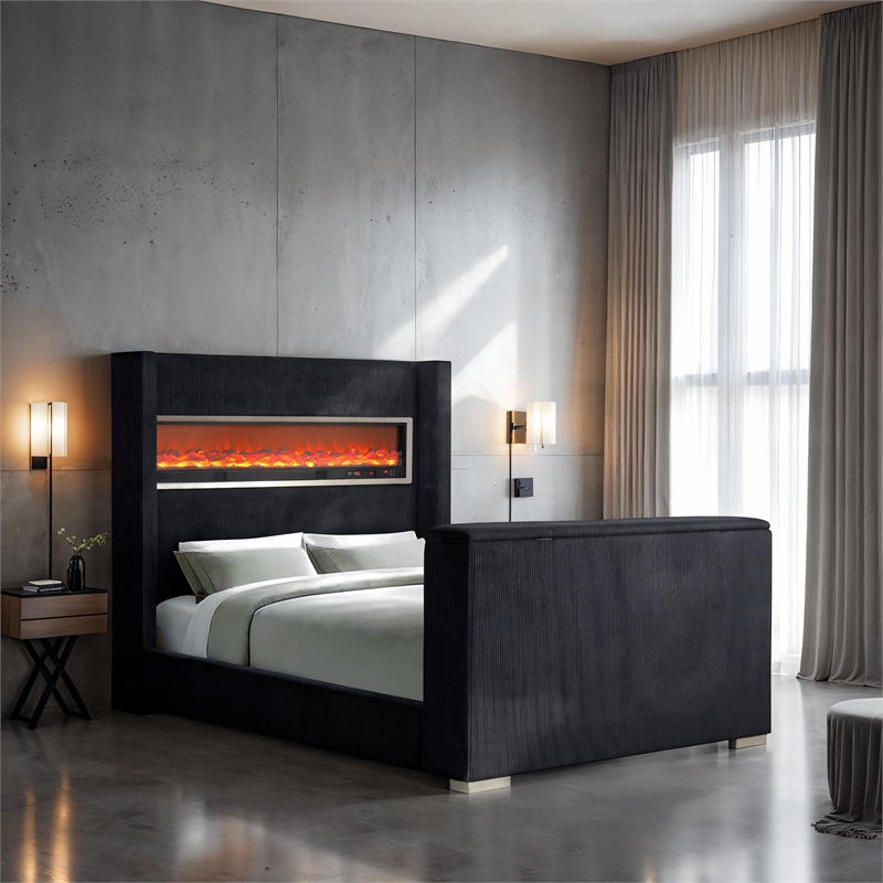 Bowery Hill Wood 3D Fireplace Bluetooth USB Queen Bed in Black