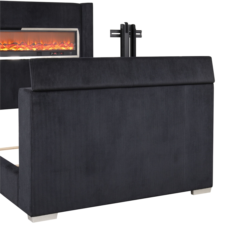 Bowery Hill Wood 3D Fireplace Bluetooth USB Queen Bed in Black