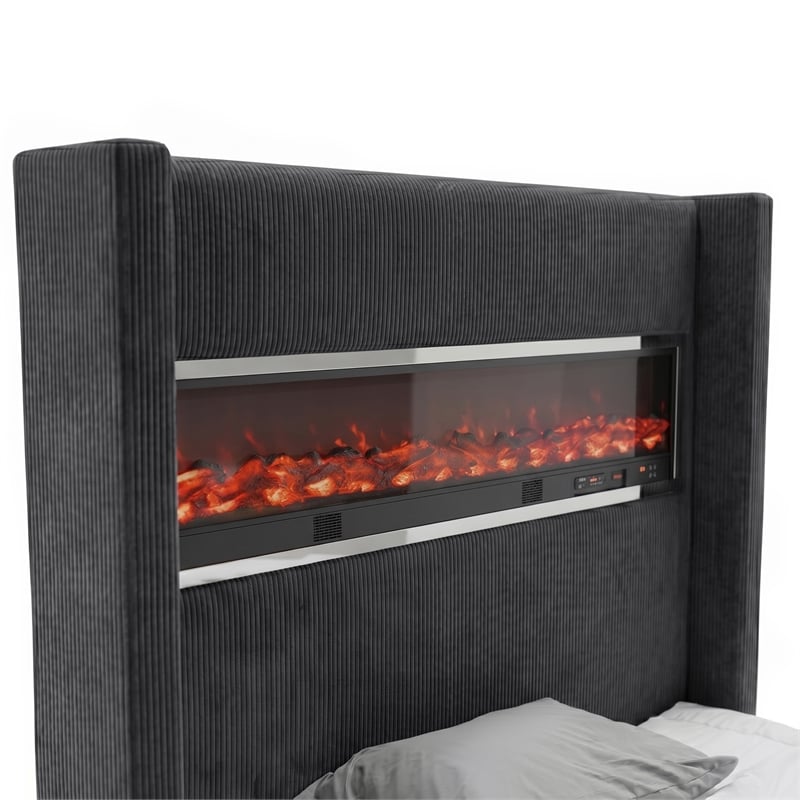 Bowery Hill Wood 3D Fireplace Bluetooth USB Queen Bed in Black