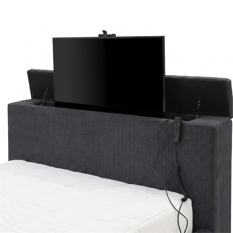 Bowery Hill Wood 3D Fireplace Bluetooth USB Queen Bed in Black