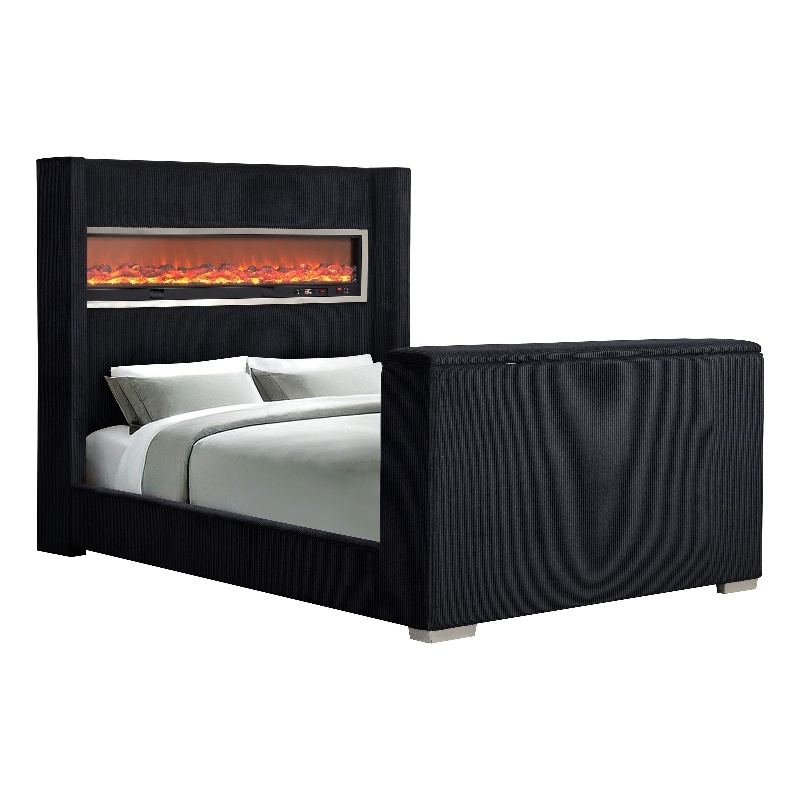 Bowery Hill Wood 3D Fireplace Bluetooth USB Queen Bed in Black