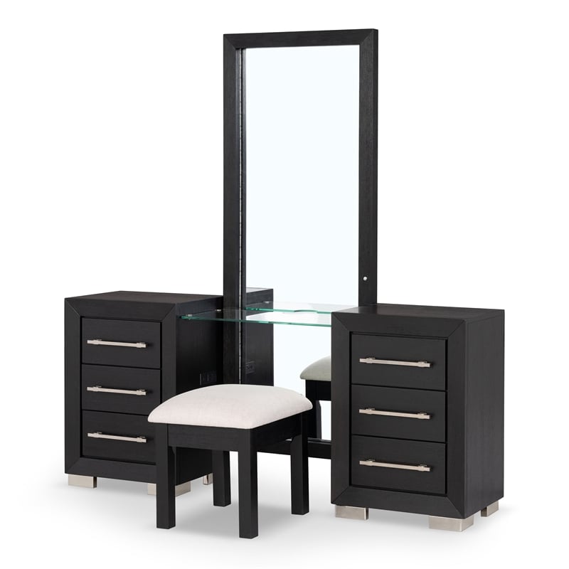 Bowery Hill 2-Piece Modern Wooden Vanity Set with Stool in Black