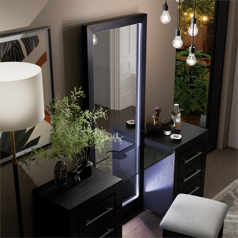 Bowery Hill 2-Piece Modern Wooden Vanity Set with Stool in Black