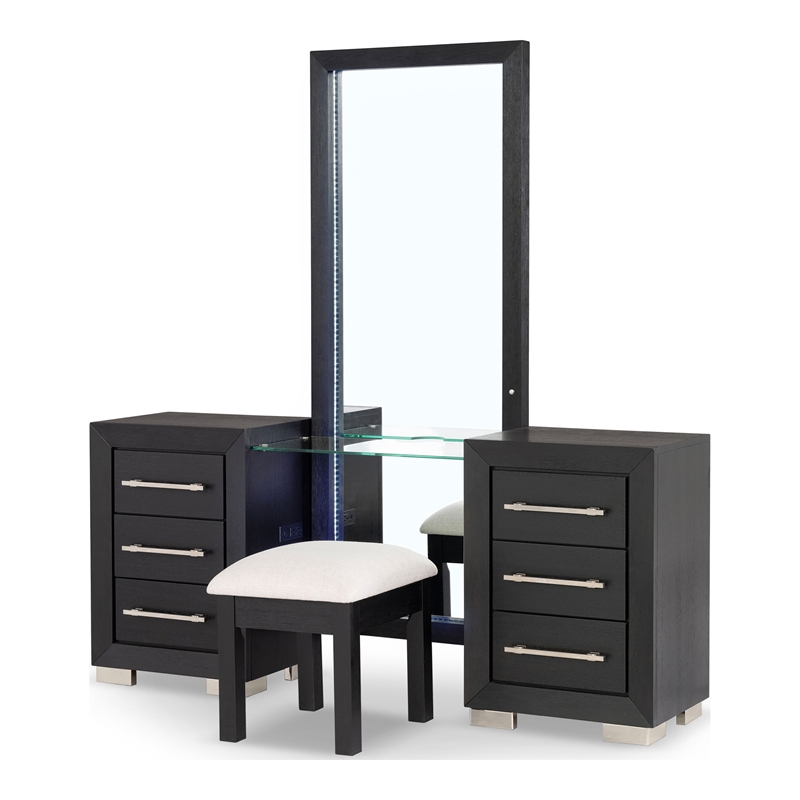 Bowery Hill 2-Piece Modern Wooden Vanity Set with Stool in Black