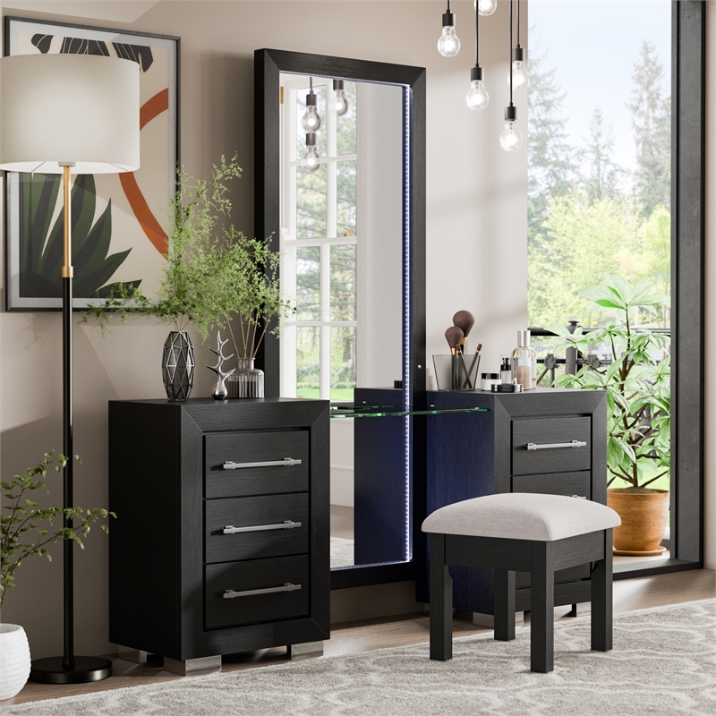 Bowery Hill 2-Piece Modern Wooden Vanity Set with Stool in Black