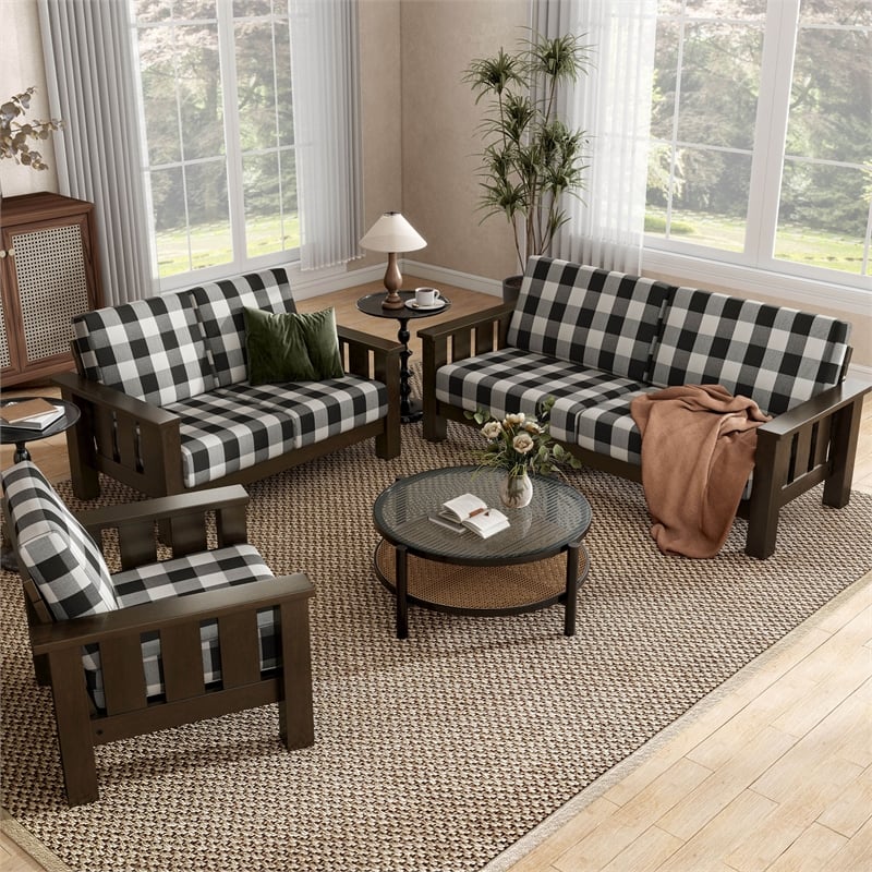 Bowery Hill 3-Piece Plaid Sofa Set in Rubberwood with Dark Walnut Finish