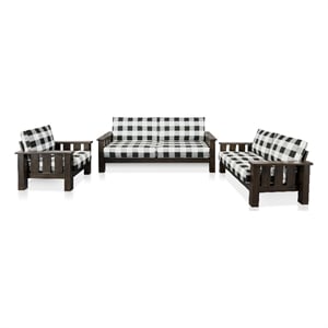 Bowery Hill 3-Piece Plaid Sofa Set in Rubberwood with Dark Walnut Finish