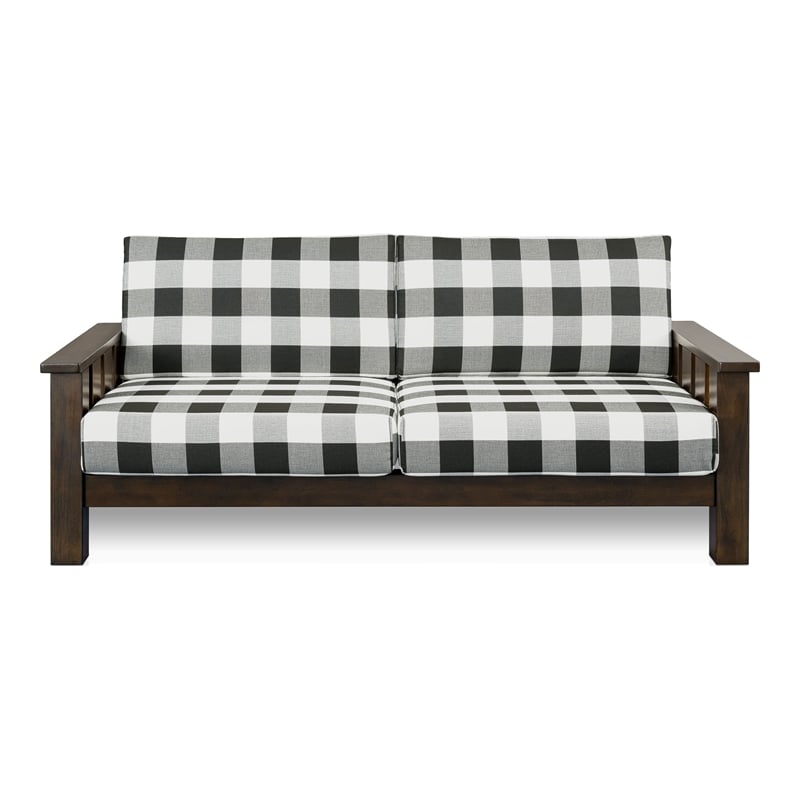 Bowery Hill Plaid 3-Seater Couch in Rubberwood with Dark Walnut Finish