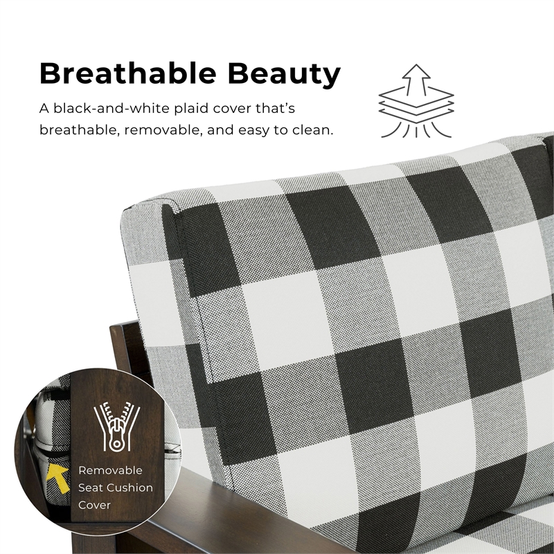 Bowery Hill Plaid 3-Seater Couch in Rubberwood with Dark Walnut Finish