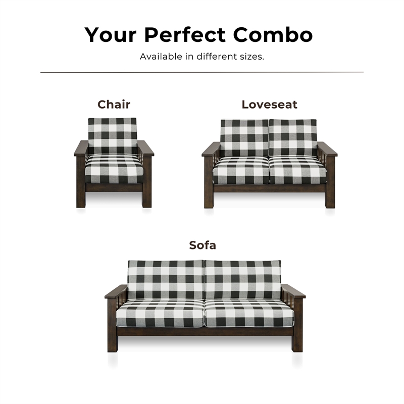 Bowery Hill Plaid 3-Seater Couch in Rubberwood with Dark Walnut Finish