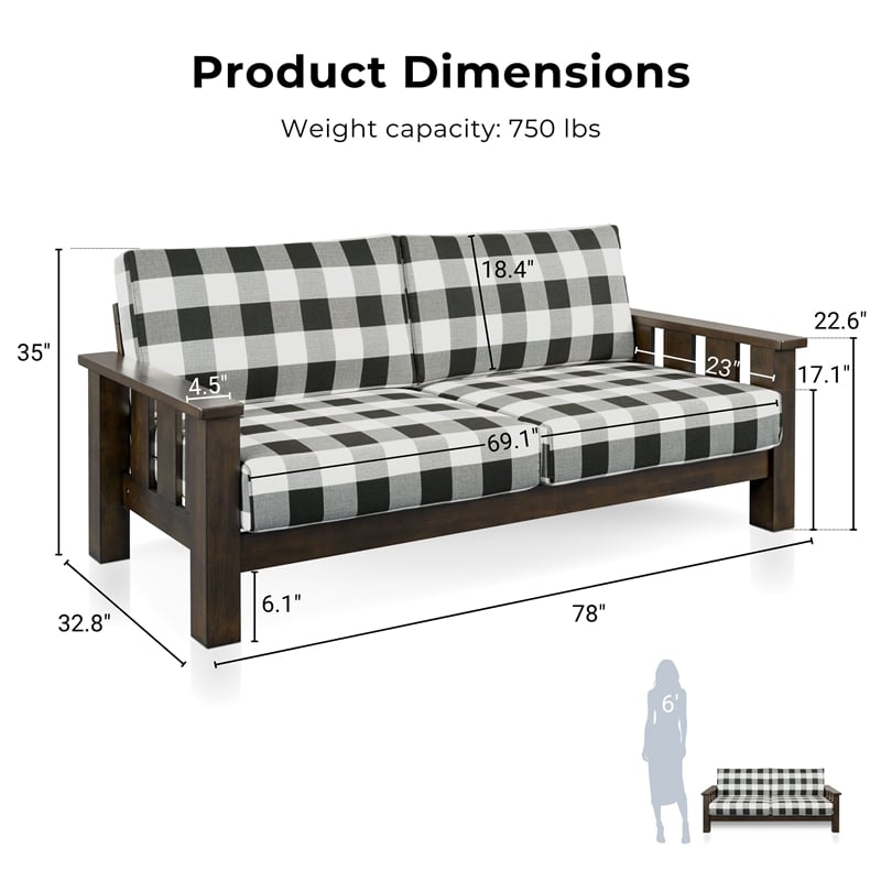 Bowery Hill Plaid 3-Seater Couch in Rubberwood with Dark Walnut Finish