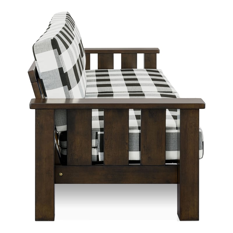 Bowery Hill Plaid 3-Seater Couch in Rubberwood with Dark Walnut Finish