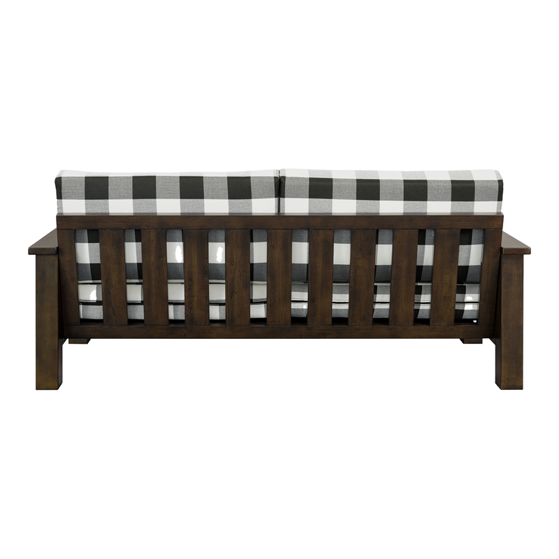 Bowery Hill Plaid 3-Seater Couch in Rubberwood with Dark Walnut Finish