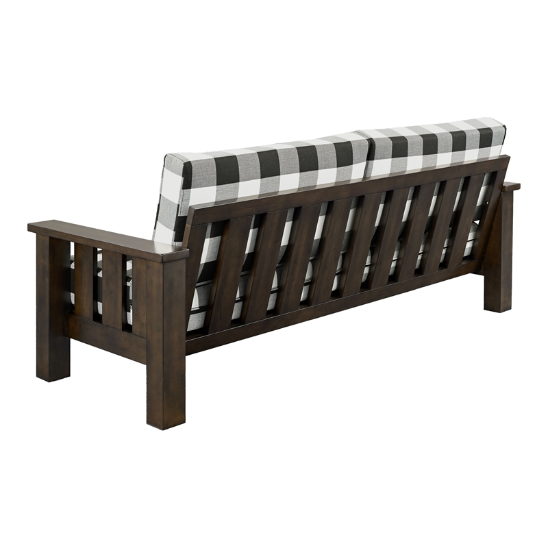 Bowery Hill Plaid 3-Seater Couch in Rubberwood with Dark Walnut Finish