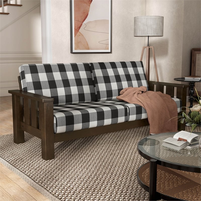 Bowery Hill Plaid 3-Seater Couch in Rubberwood with Dark Walnut Finish
