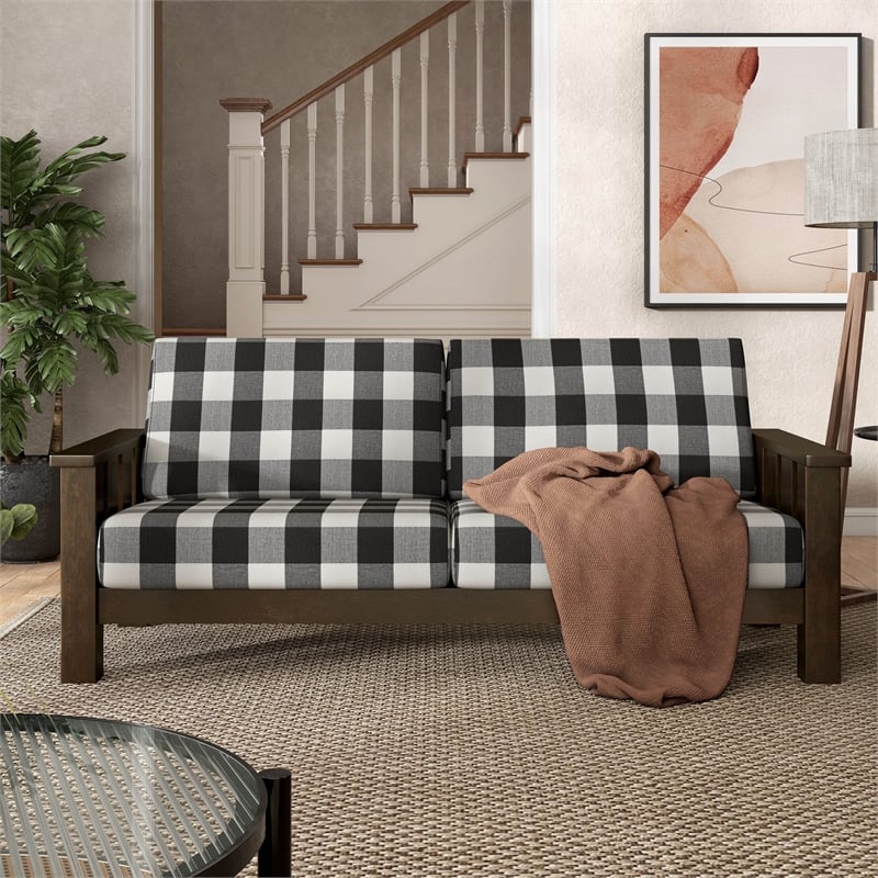 Bowery Hill Plaid 3-Seater Couch in Rubberwood with Dark Walnut Finish