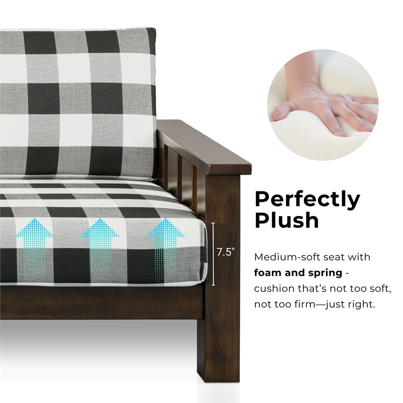 Bowery Hill Plaid 3-Seater Couch in Rubberwood with Dark Walnut Finish