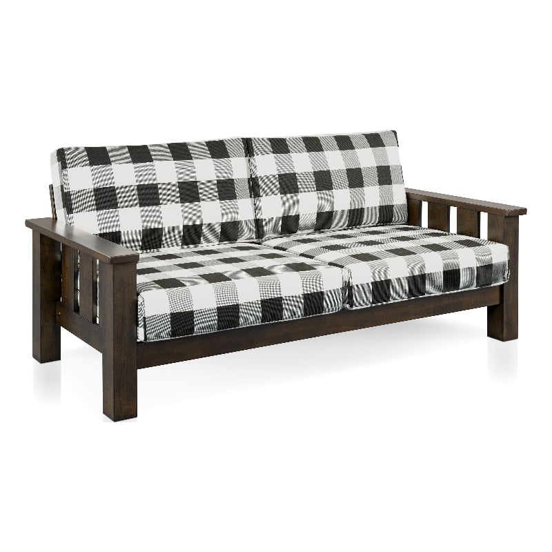 Bowery Hill Plaid 3-Seater Couch in Rubberwood with Dark Walnut Finish