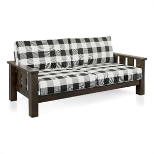 Bowery Hill Plaid 3-Seater Couch in Rubberwood with Dark Walnut Finish