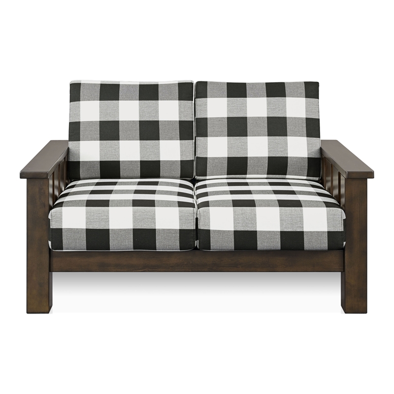 Bowery Hill Plaid Upholstered Loveseat in Rubberwood Dark Walnut Finish
