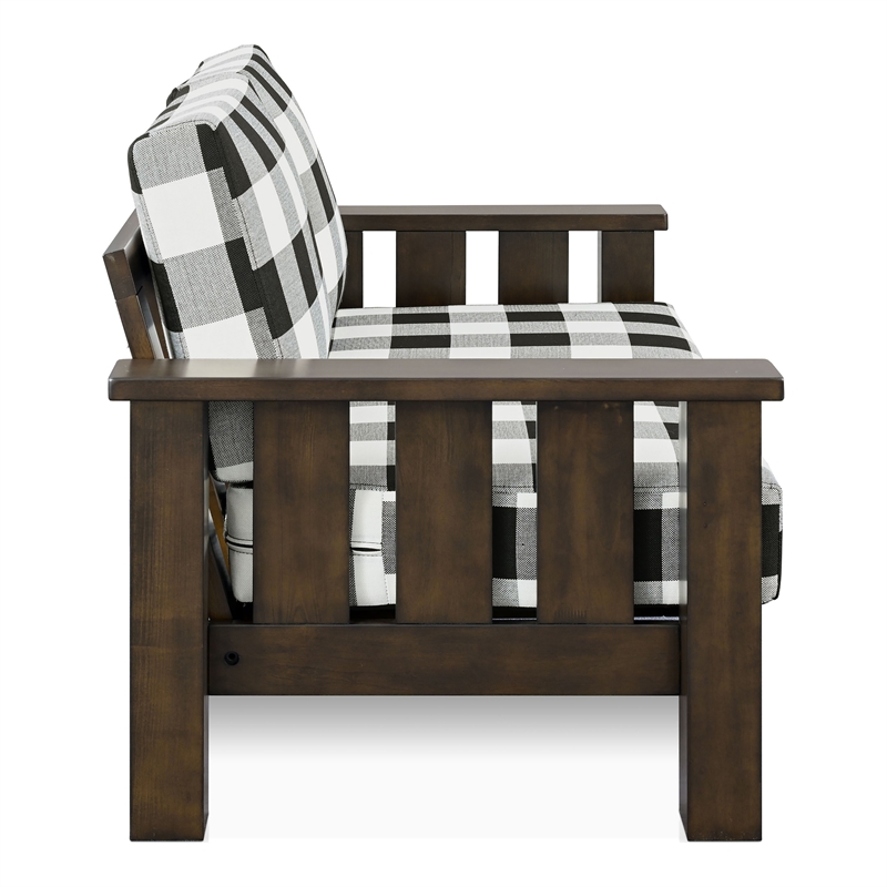 Bowery Hill Plaid Upholstered Loveseat in Rubberwood Dark Walnut Finish
