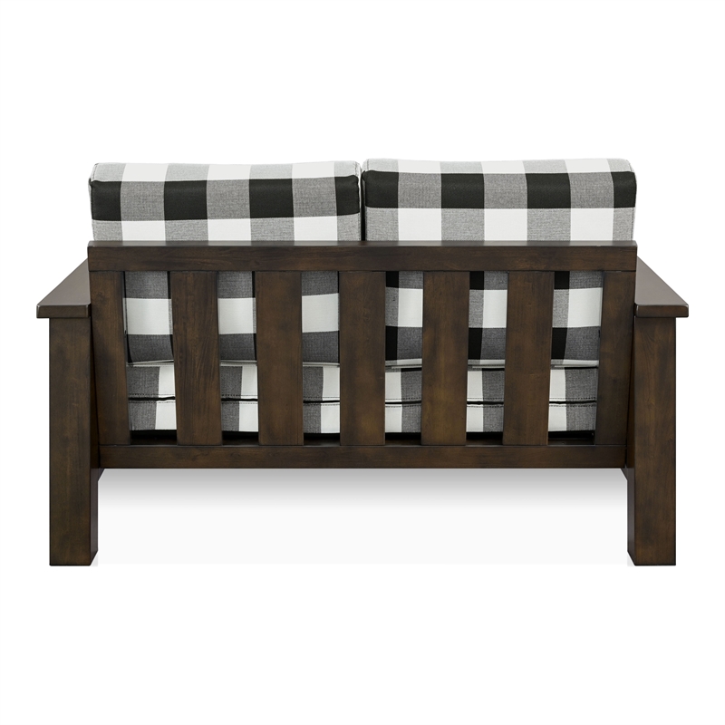 Bowery Hill Plaid Upholstered Loveseat in Rubberwood Dark Walnut Finish