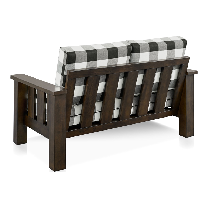 Bowery Hill Plaid Upholstered Loveseat in Rubberwood Dark Walnut Finish