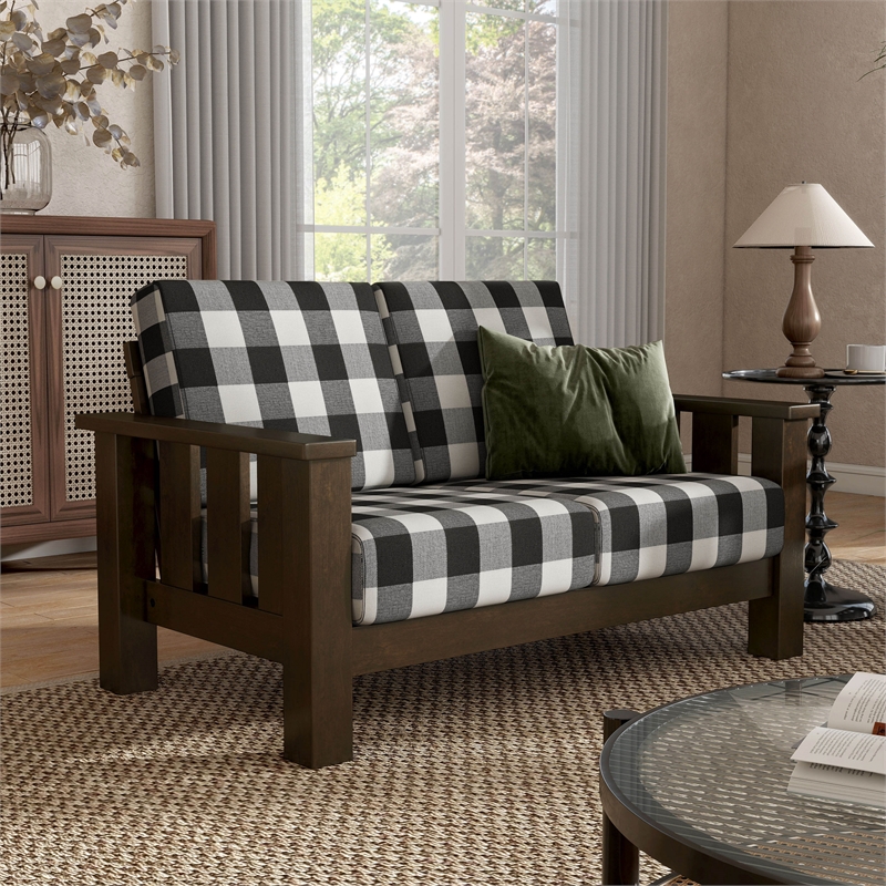 Bowery Hill Plaid Upholstered Loveseat in Rubberwood Dark Walnut Finish