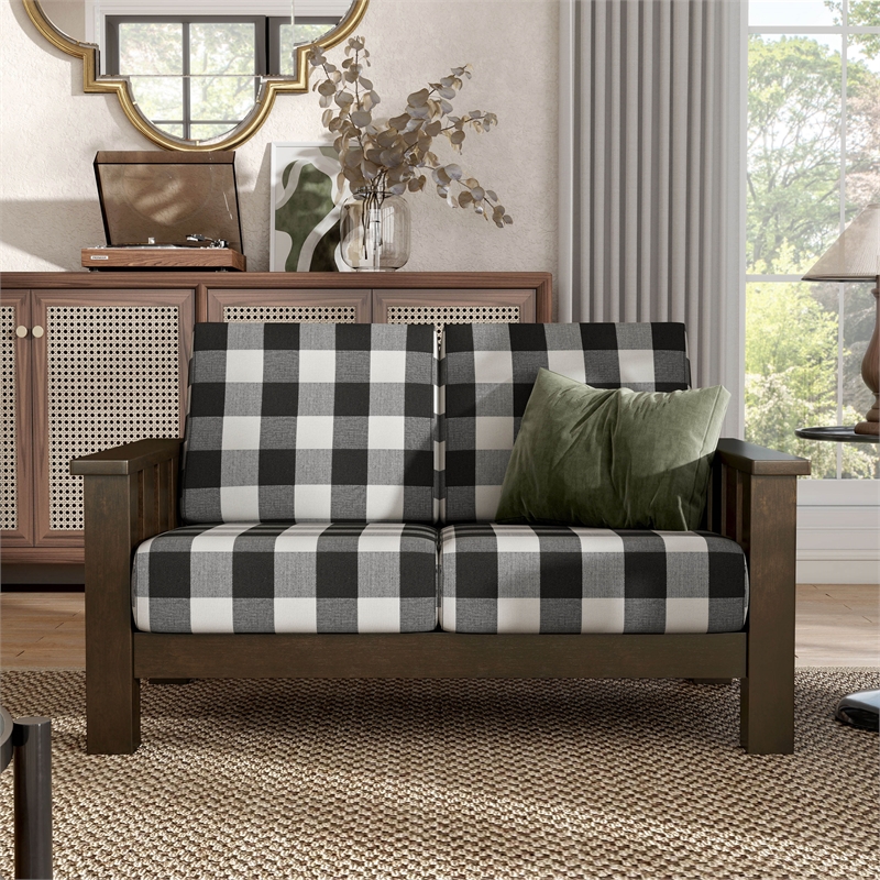 Bowery Hill Plaid Upholstered Loveseat in Rubberwood Dark Walnut Finish