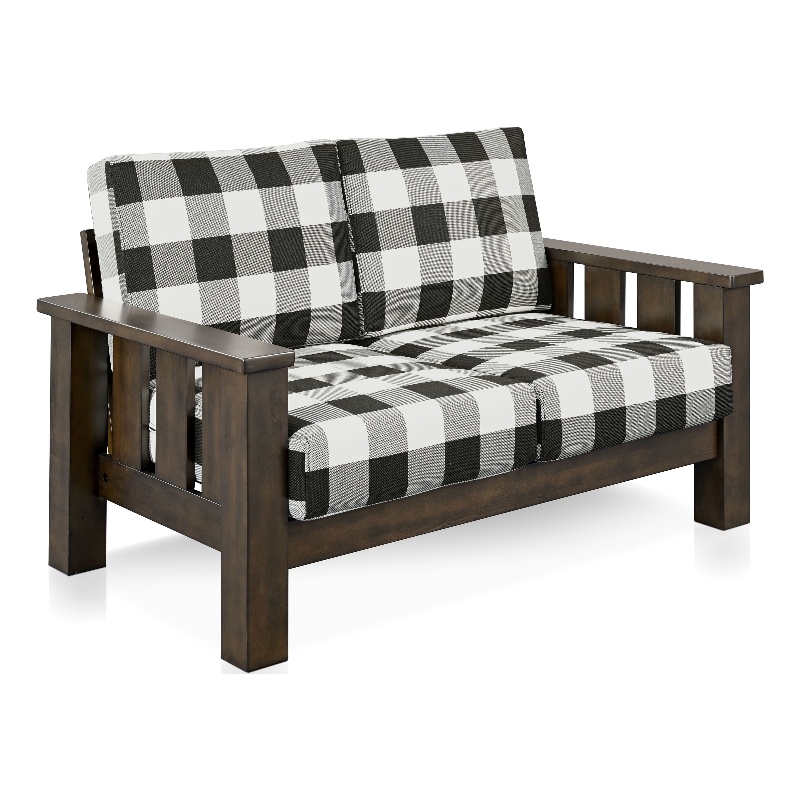 Bowery Hill Plaid Upholstered Loveseat in Rubberwood Dark Walnut Finish