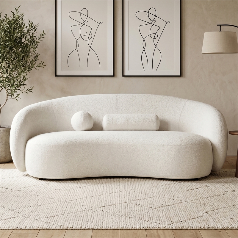 Bowery Hill Sculpted Silhouette Chenille Sofa in White with Wooden Base
