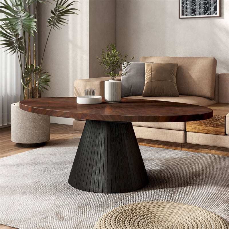 Bowery Hill High-Gloss Parquet Oval Coffee Table in Brown Wood Veneer