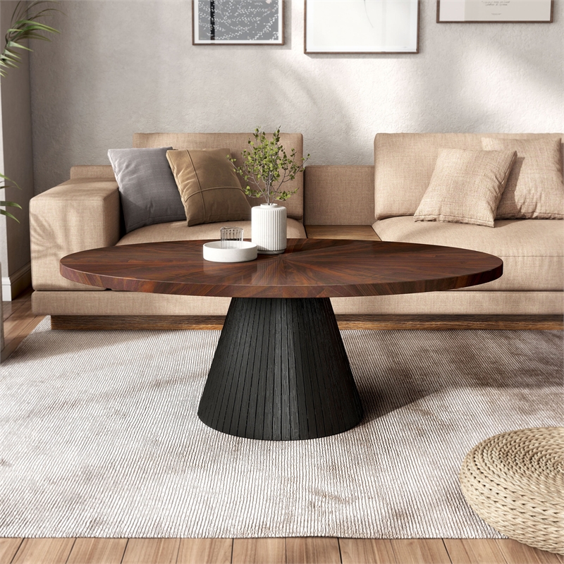 Bowery Hill High-Gloss Parquet Oval Coffee Table in Brown Wood Veneer