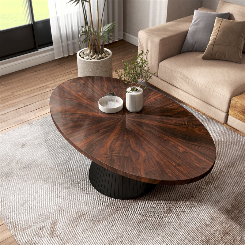 Bowery Hill High-Gloss Parquet Oval Coffee Table in Brown Wood Veneer
