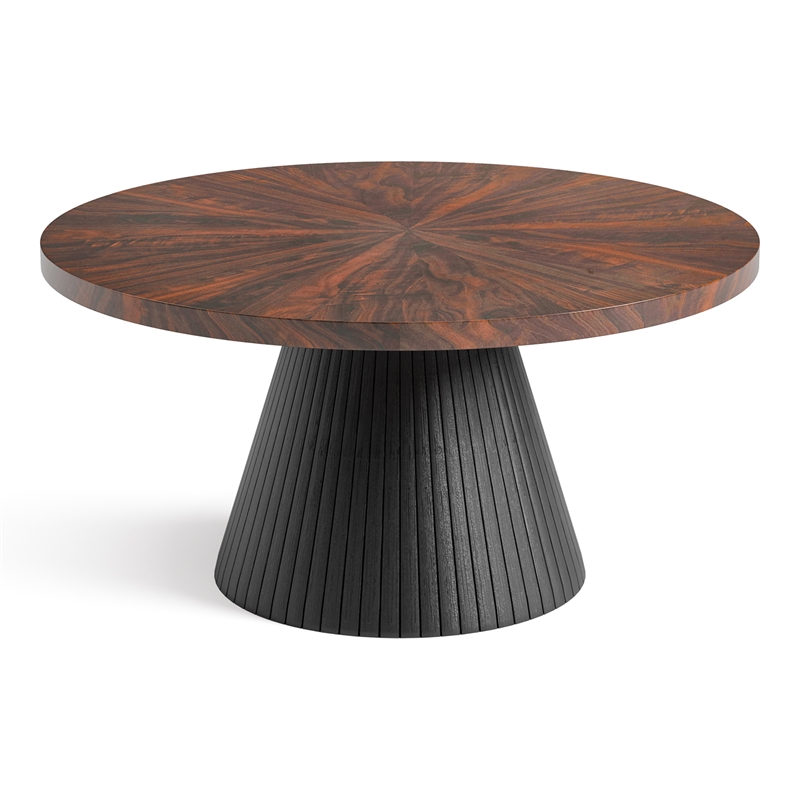 Bowery Hill High-Gloss Parquet Round Coffee Table in Brown Wood Veneer