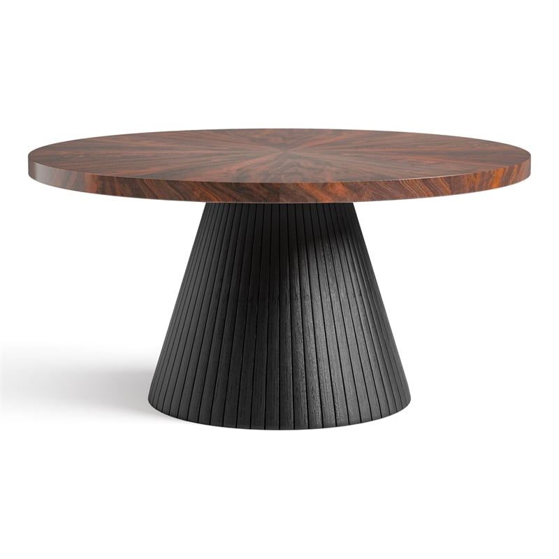 Bowery Hill High-Gloss Parquet Round Coffee Table in Brown Wood Veneer