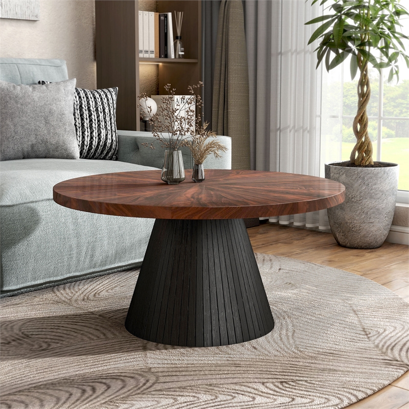 Bowery Hill High-Gloss Parquet Round Coffee Table in Brown Wood Veneer